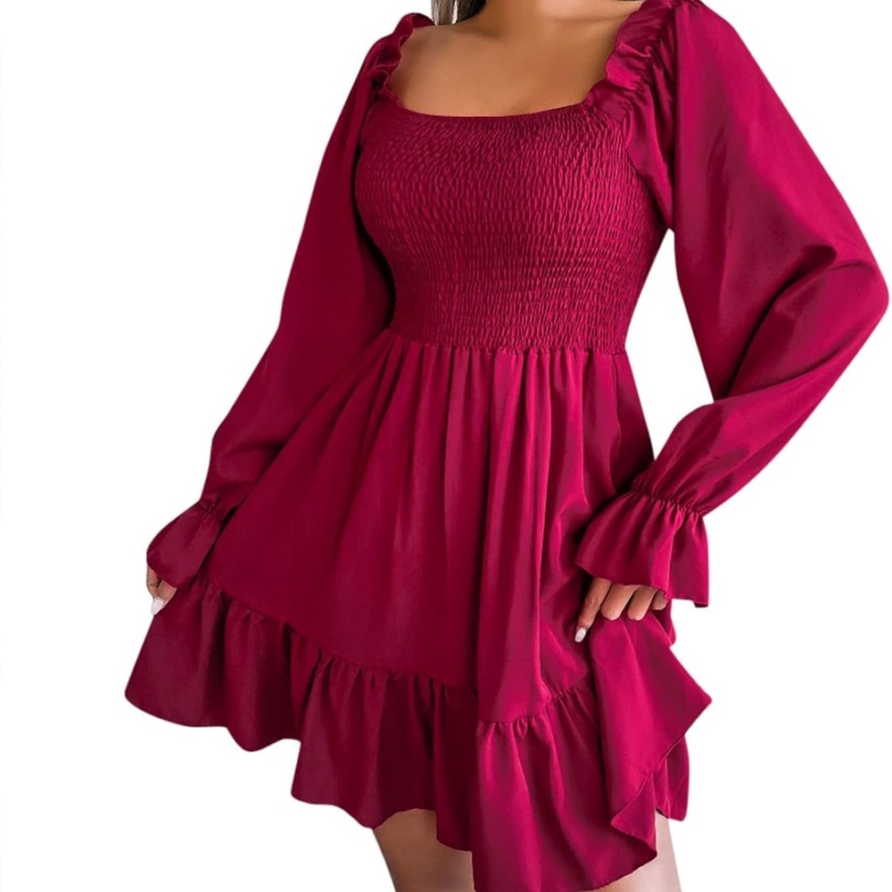 Women's Magenta Ruffle Smocked Long-Sleeve Dress